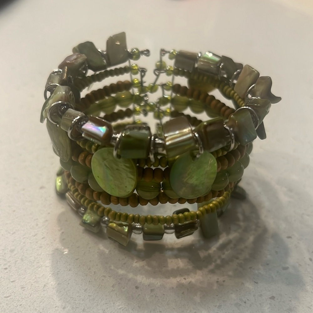 BOHO Beaded Cuff Expandable Bracelet! Multi Color Green & Brown. Silver Tone